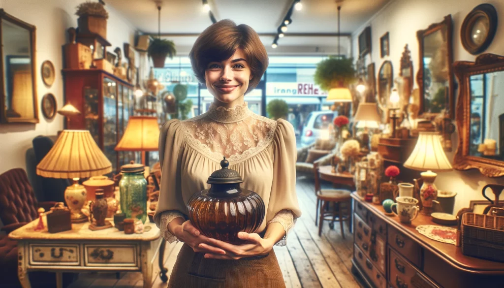 une vendeuse de brocante souriante, prête à accueillir ses clients dans son magasin
