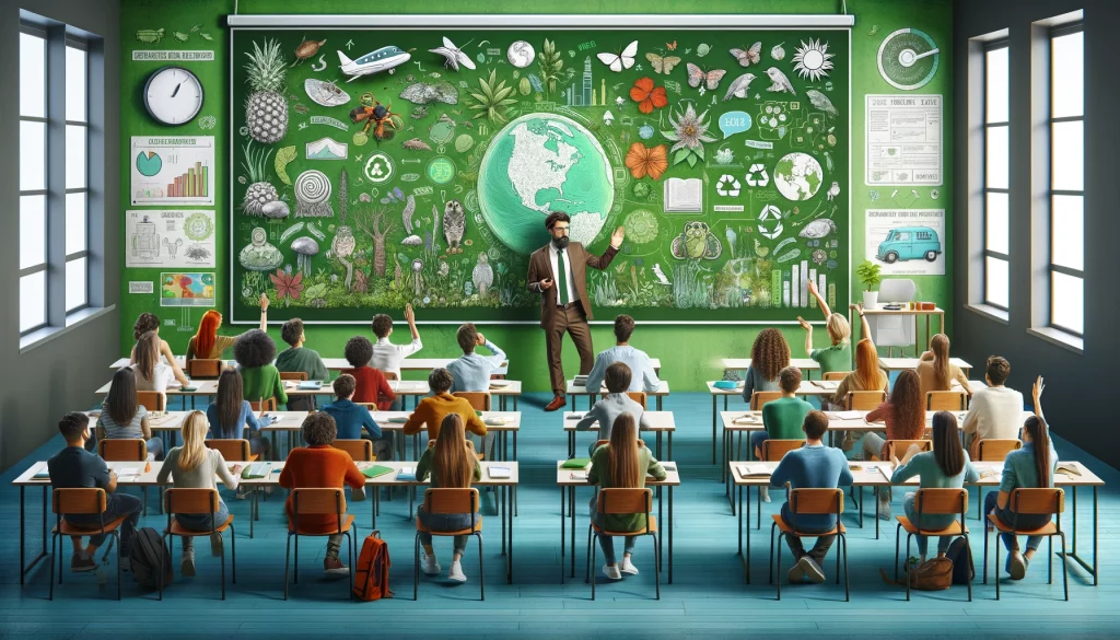 Cette image illustre un professeur d'écologie devant ses élèves dans une salle de classe